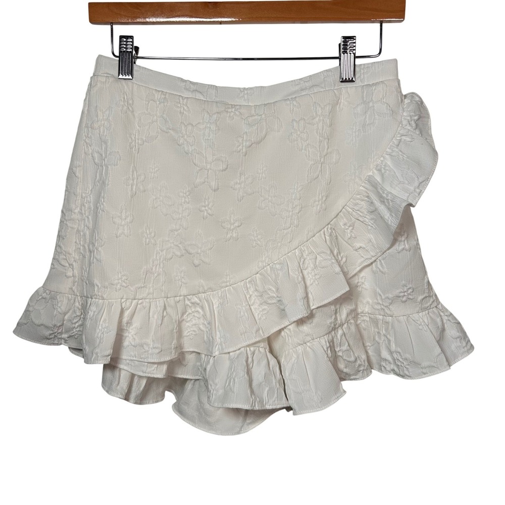 Entro Skort Women Medium White Floral Jacquard Ruffle Wrap Mini Skirt Feminine